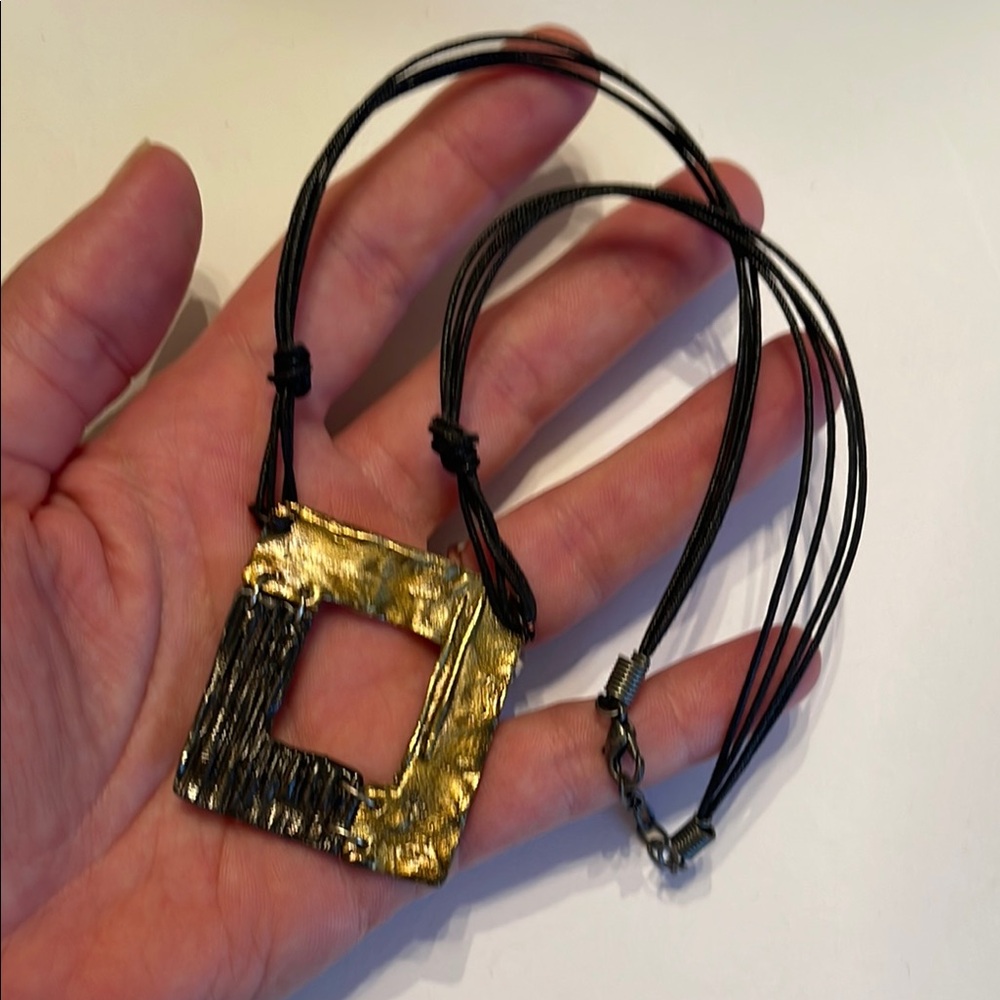 Corded Necklace Black Goldtone Metals Art Piece Unique Goth Punk Handcrafted